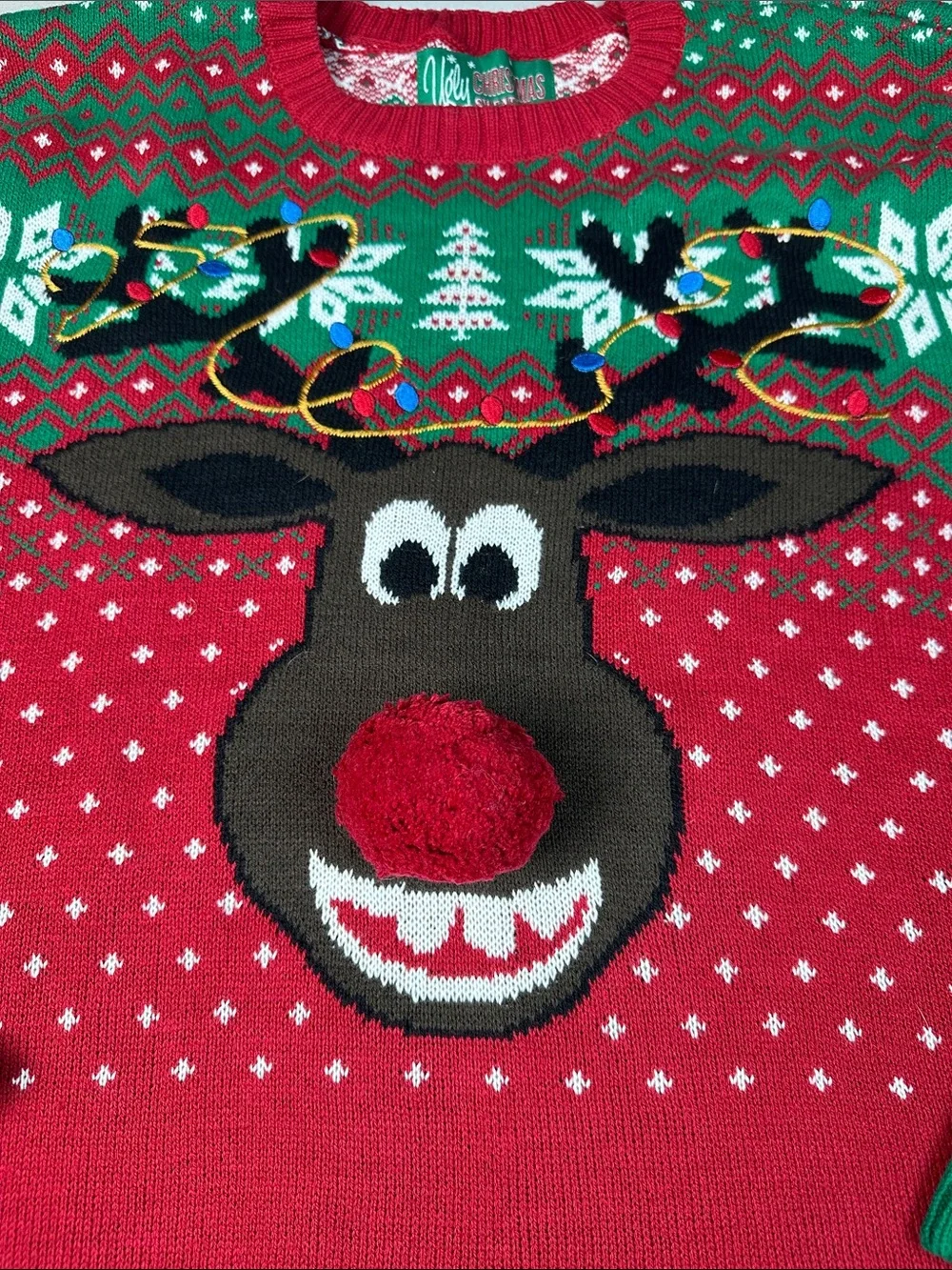 Men’s Funny Ugly Christmas Sweater Red Green Reindeer Pom Pom Rudolph